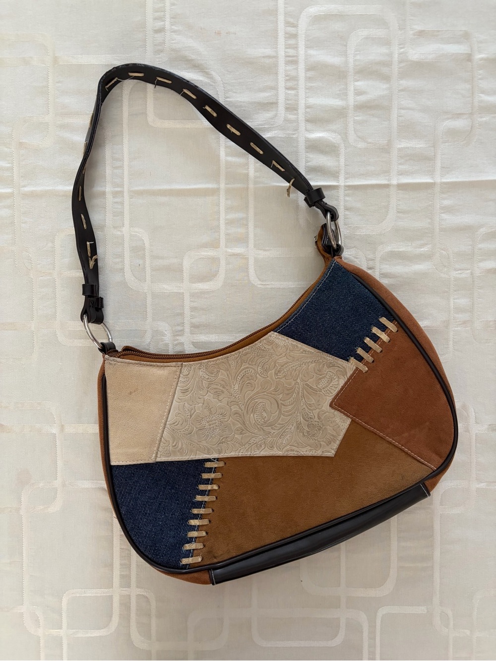 Vintage suede Nevada Paisley denim stitch handbag